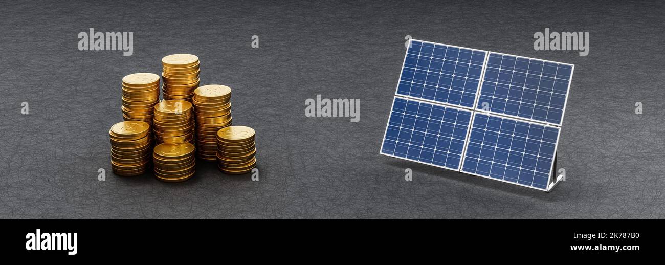 Heaps of Coins and Solar Panel on Dark Background Stock Photo