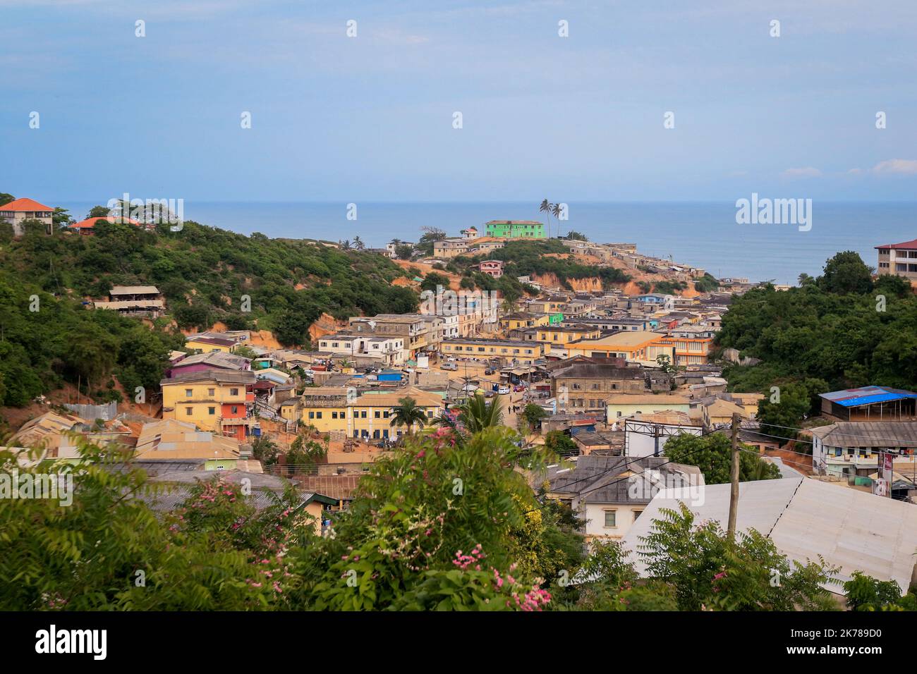 Panoramic View to the Cape Coast Downtown Houses among Green Trees in