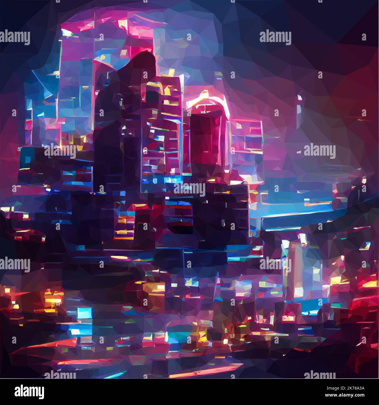 Fantasy city at night. Colourful lights bathe the silhouettes of skyscrapers in cheerful colours. Cars leave traces of light. Vector in Low Poly Art. Stock Vector