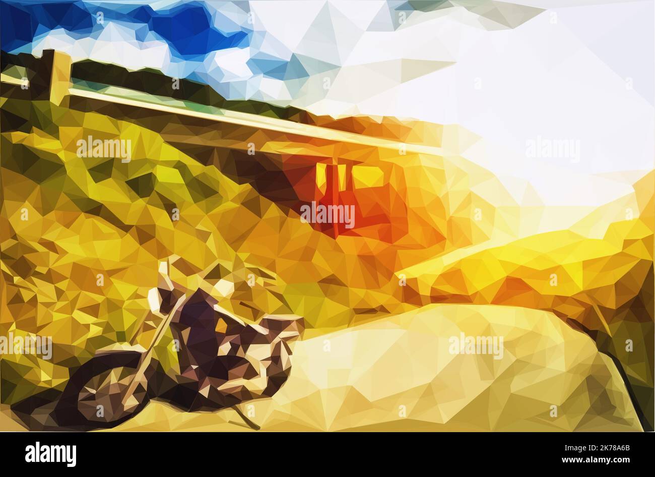 Polygenes form an adventurous landscape with a motorbike in the foreground. Motorway bridge at sunset. Concept image for the dream of freedom with a m Stock Vector
