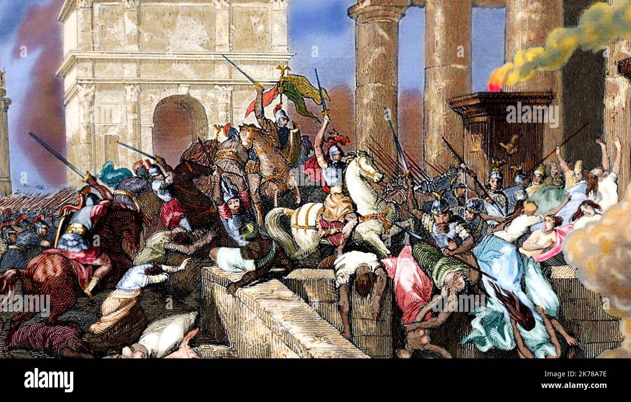 THE SACK OF ROME BY THE VISIGOTHS 410 ASD.in a 19th century coloured engraving Stock Photo