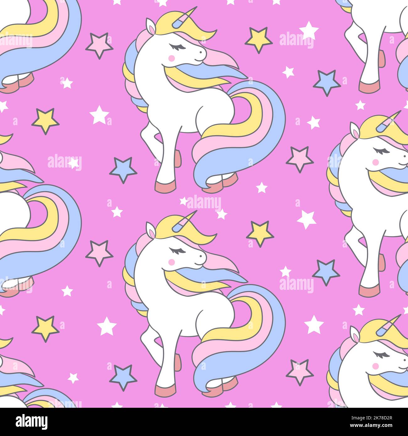 Seamless pattern with unicorns and stars on a pink background. For ...