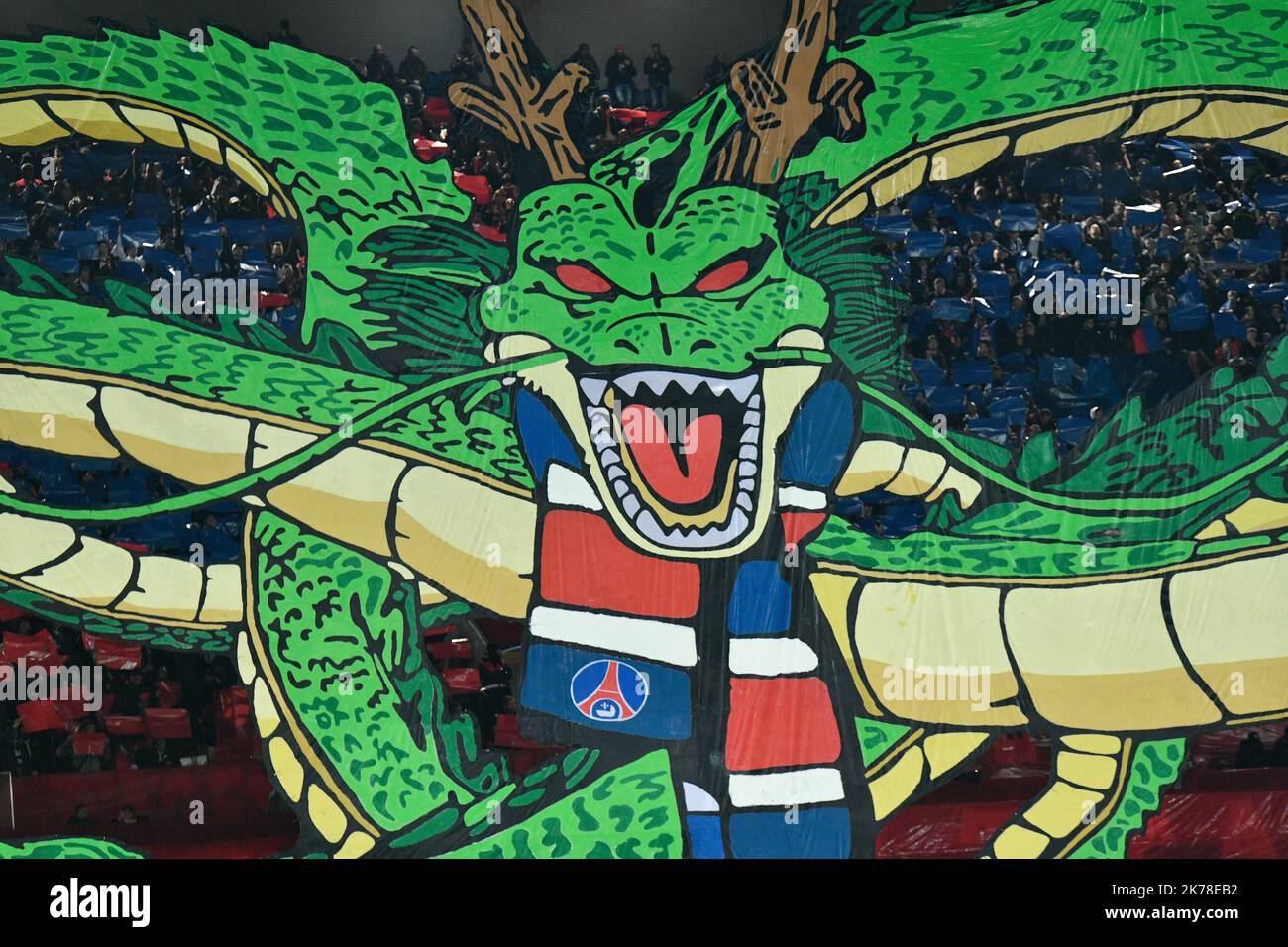 Olympique de Marseille the giant Tifo of the Ultras of the capital, representing -Shenron- the cartoon - Dragon Ball Z- during the 11th day of Ligue 1 Conforama, between Paris Saint Germain (PSG) vs Olympique Marseille (OM) October 27, 2019 Stock Photo