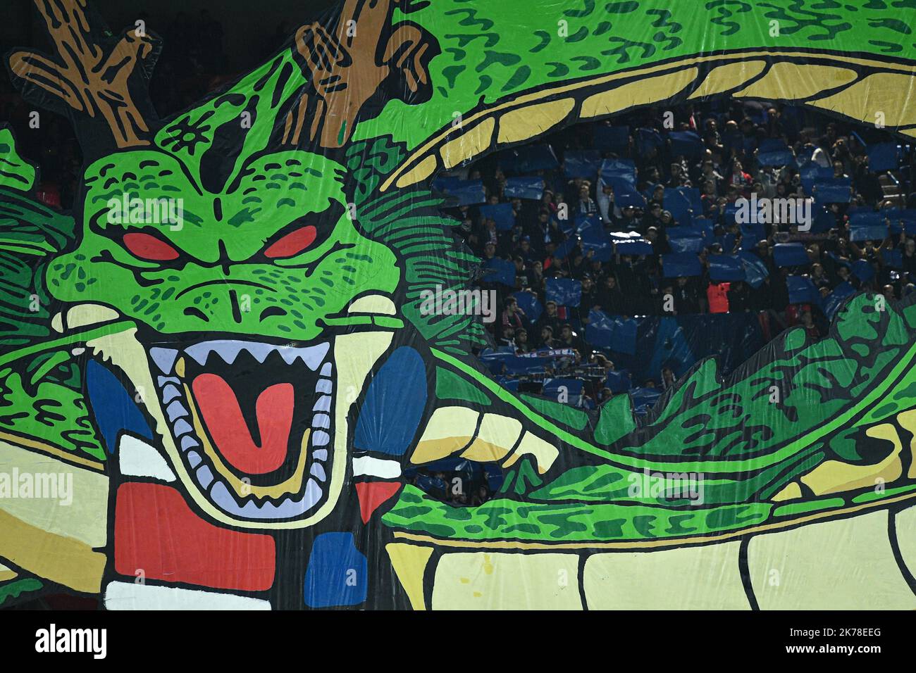 Olympique de Marseille the giant Tifo of the Ultras of the capital, representing -Shenron- the cartoon - Dragon Ball Z- during the 11th day of Ligue 1 Conforama, between Paris Saint Germain (PSG) vs Olympique Marseille (OM) October 27, 2019 Stock Photo