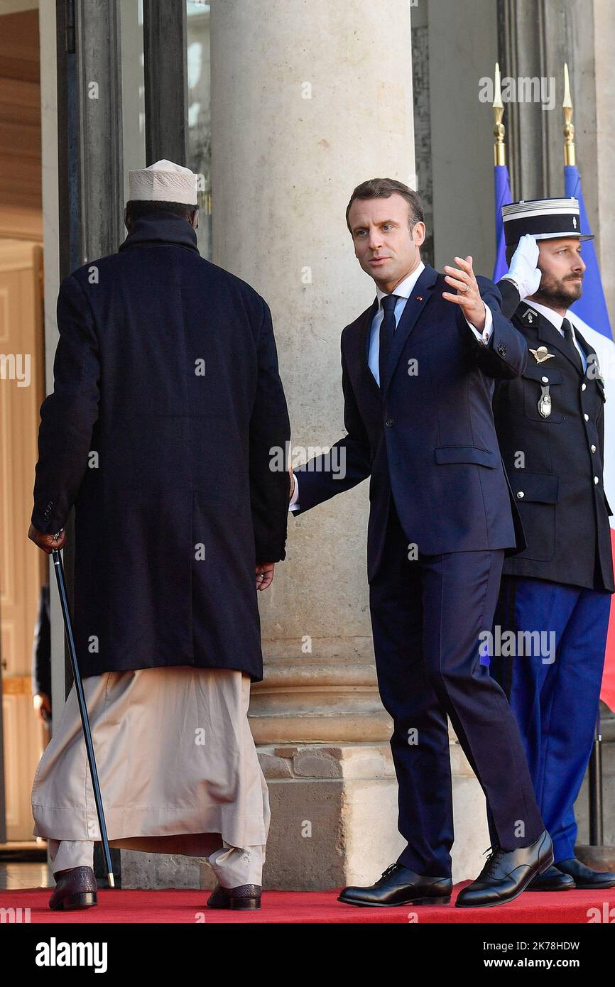 President Emmanuel Macron received at the Elysee Palace for a working lunch the President of the Republic of Chad, Mr Idriss DEBY, the President of the Republic of Mali, Mr Ibrahim Boubacar and the President of the Republic of Niger, Mr Mahamadou ISSOUFOU, in Paris  Stock Photo