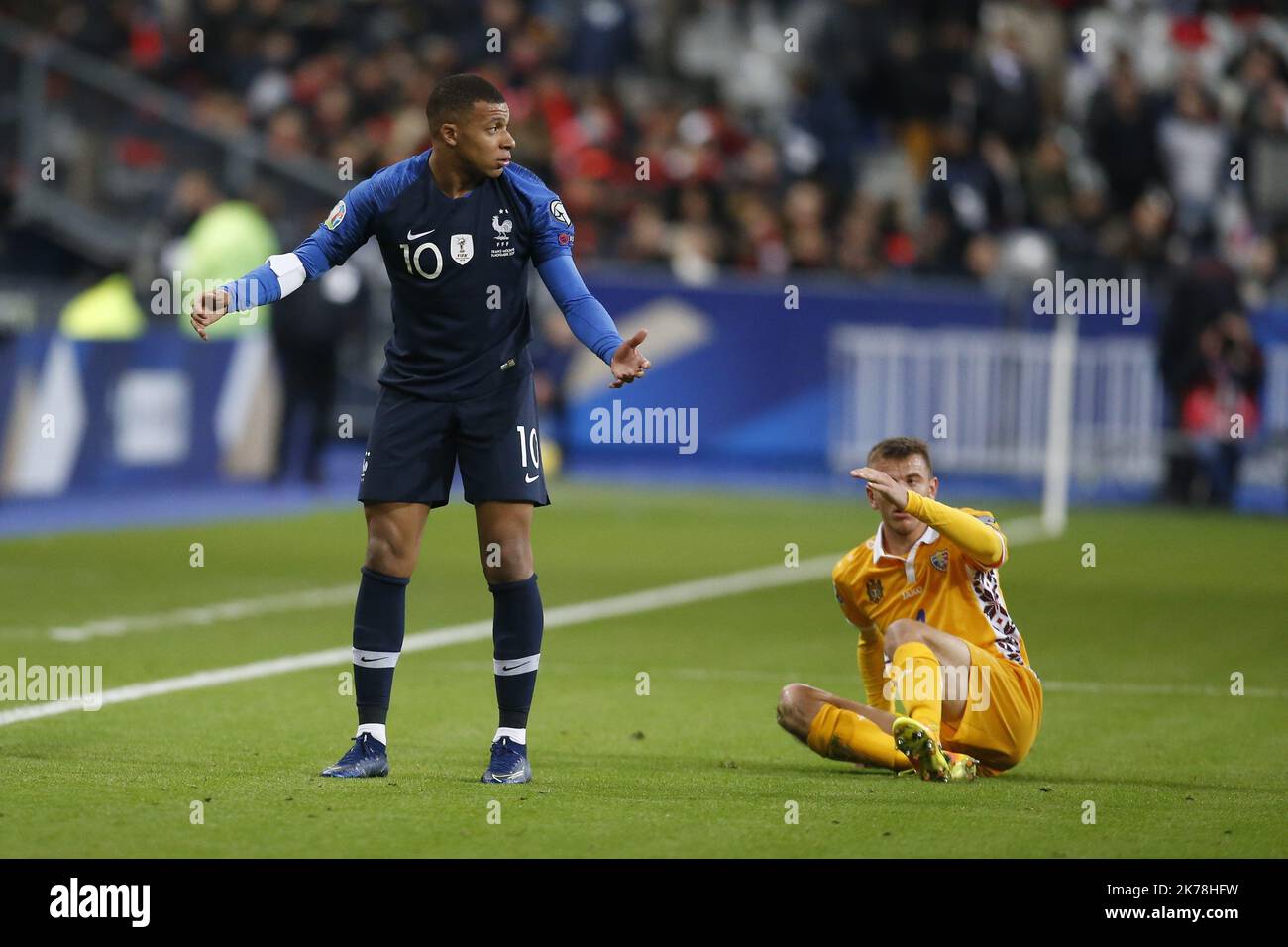 Kylian Mbappe of France reacts during the UEFA Euro 2020 Qualifier between France and Moldova in Paris, France. 14.11.2019 Stock Photo