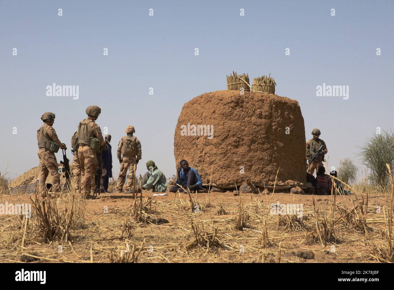 French soldiers of Operation Barkhane.  Operation Barkhane is an ongoing anti-insurgent operation in Africa's Sahel region, which commenced 1 August 2014. It consists of a 3,000-strong French force, which will be permanent and headquartered in -N'Djamena, the capital of -Chad. The operation has been designed with five countries, and former French colonies, that span the Sahel: -Burkina-Faso, -Chad, -Mali, -Mauritania and -Niger. These countries are collectively referred to as the 'G5 Sahel'. Stock Photo