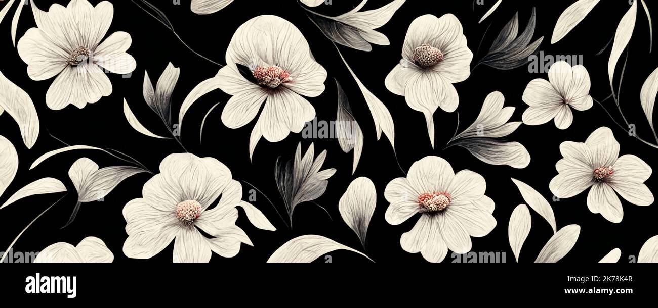 White flowers on black background, simplistic floral design inspired by Kenzo flowers, Japanese Aesthetic patterns, textured wallpaper Stock Photo
