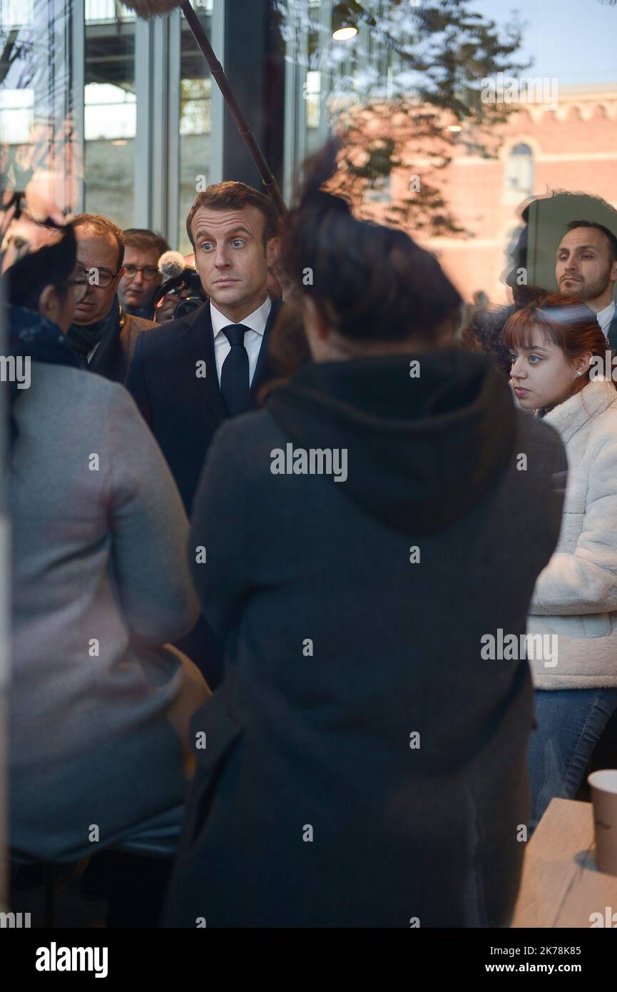 Arrival of the French President Emmanuel Macron at the new university pole of the University Jules Verne, located in the heart of the Citadel of Amiens, listed building of the early seventeenth century redesigned by the architect Renzo Piano, and meeting with the students outside and Gabriel Attal, Frederique Vidal. Then presentation of the HUB energy - Tiamat start up and GRECO innovation by Professor of the universities M. Le Franc - surgery assisted by robots, and meeting with the students of the University, on November 21, 2019 in Amiens.  Stock Photo