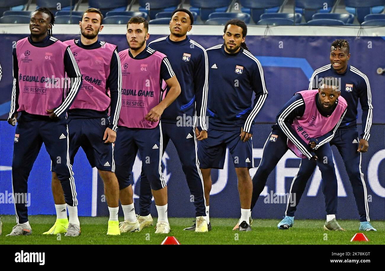 Jean Lucas, Moussa Dembele, Jason Denayer, Kenny Tete, Ryan Cherki during the training session at Gazprom Arena ahead of the champions league game against Zenit. Stock Photo