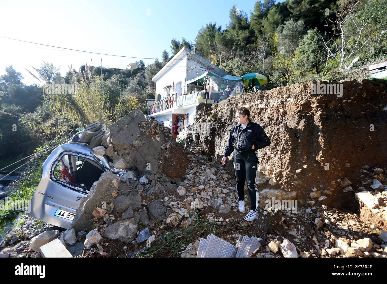 Storm Elsa batters southern Europe. For the third time, violent rainfalls hit Nice area, here disasters in Saint Agnes. Stock Photo