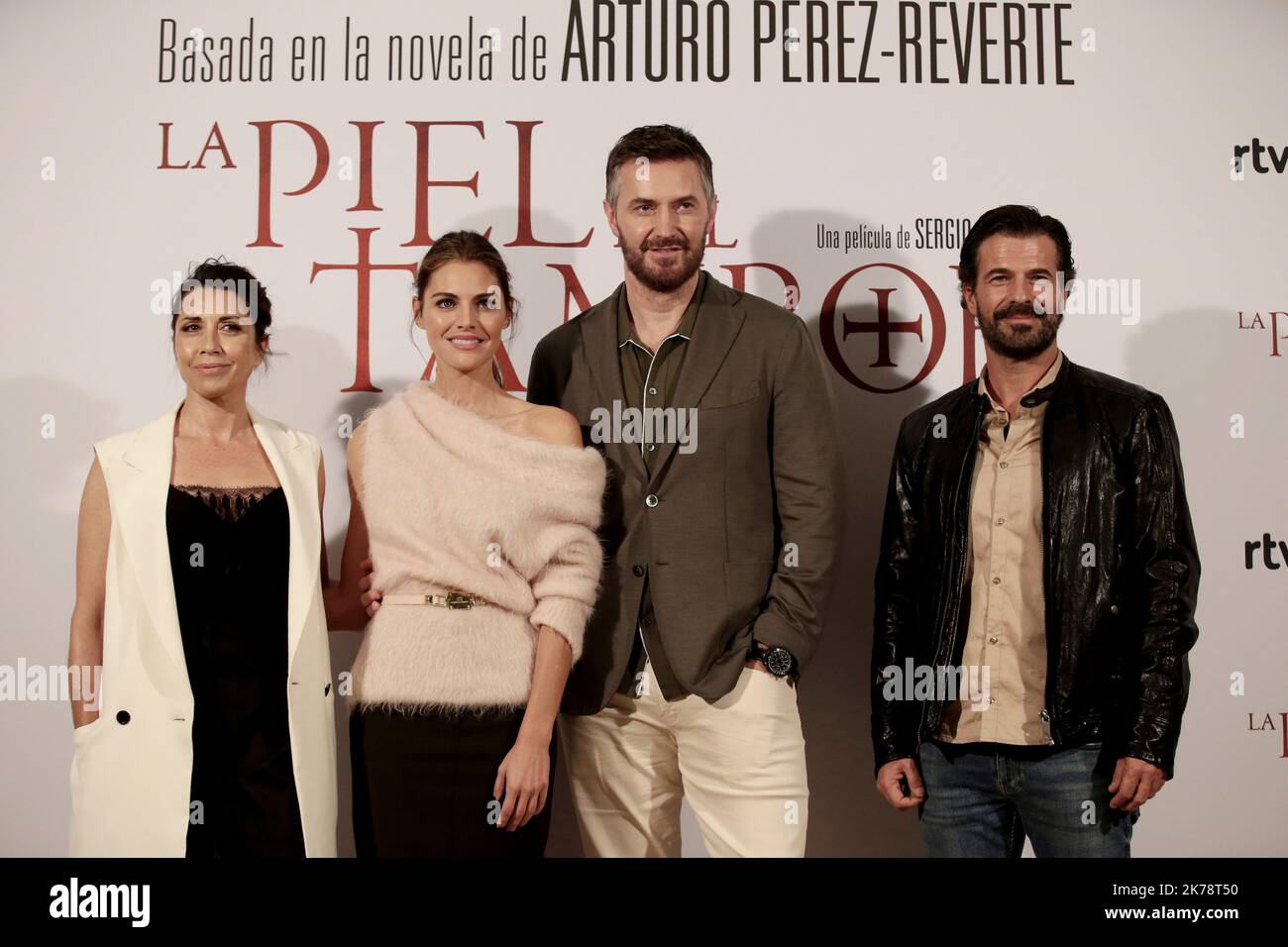 Madrid Spain; 10.17.2022.- Film based on the book by Arturo Pérez-Reverte 'The skin of the drum' Directed by Colombian Sergio Dow and with Richard Armitage (C), Amaia Salamanca (2L), Rodolfo Sancho (R) and Alicia Borrachero (L) The test of cotton for a novelist is that he likes the film, that he recognizes the novel in his film, and it has happened that way, I have said, it is that they are my characters, it is that he is my Father Quart, he is my Macarena, he is my Seville, that gives me a special happiness, it doesn't always happen, it doesn't always happen, when I don't like a movie I keep Stock Photo