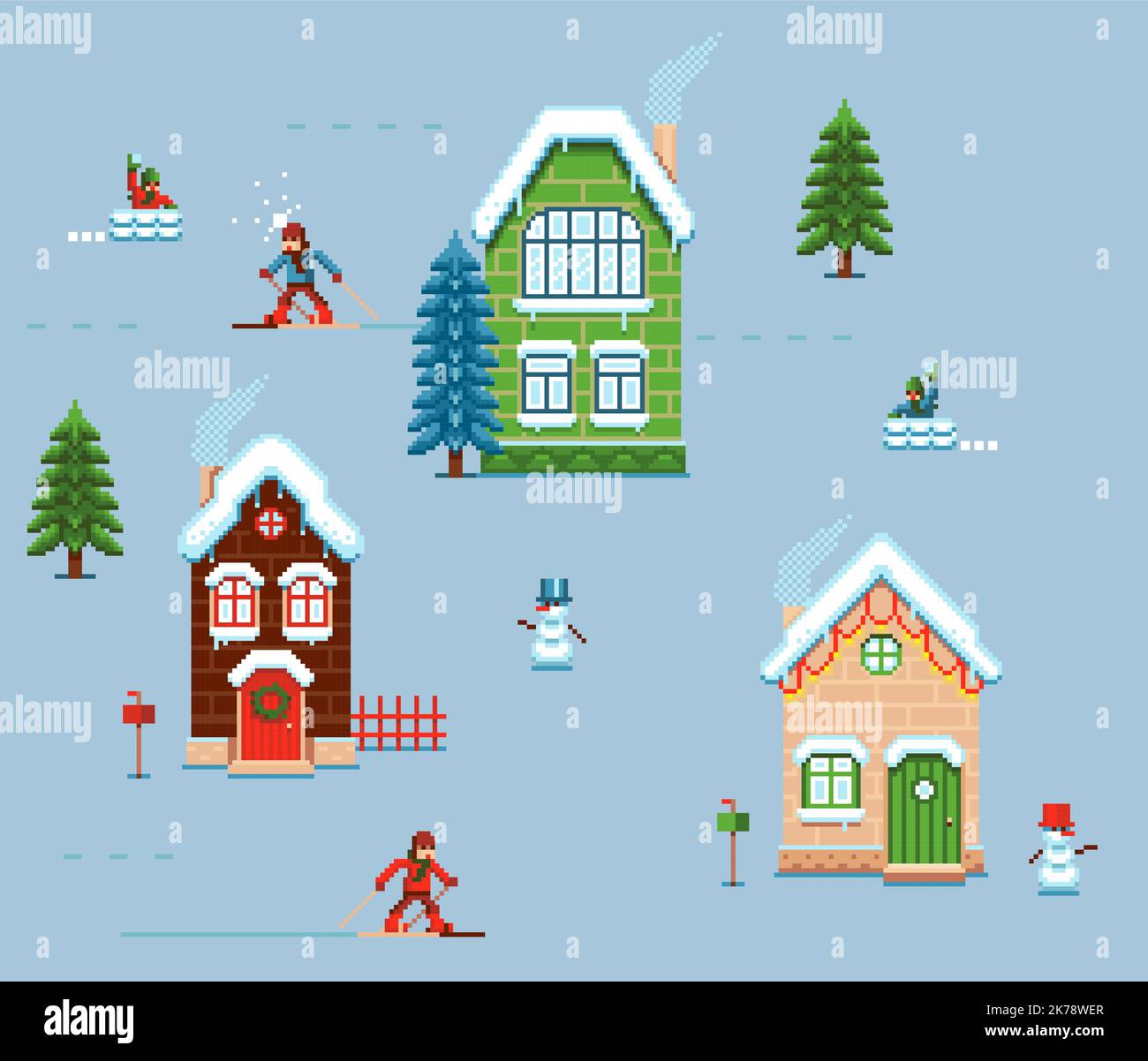 Christmas New Year embroidery with a cross seamless pattern. Houses, snowmen, winter fun Stock Vector