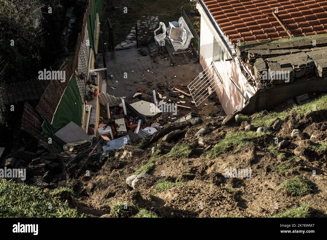Landslide in the town of Codalet, three vacant homes for imminent danger. Stock Photo