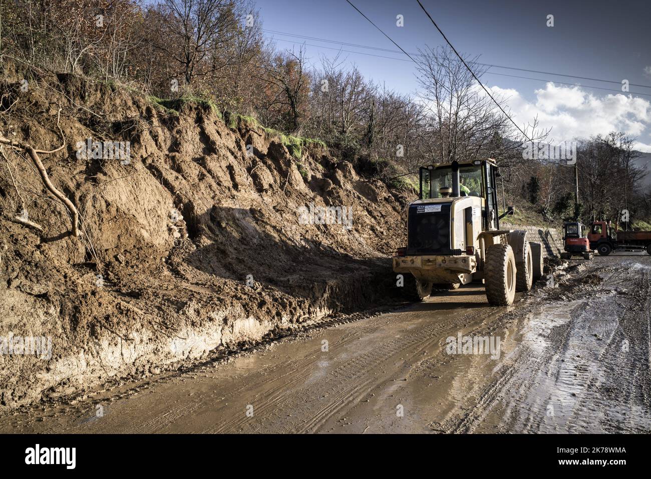 Landslide in the town of Codalet, three vacant homes for imminent danger. Stock Photo