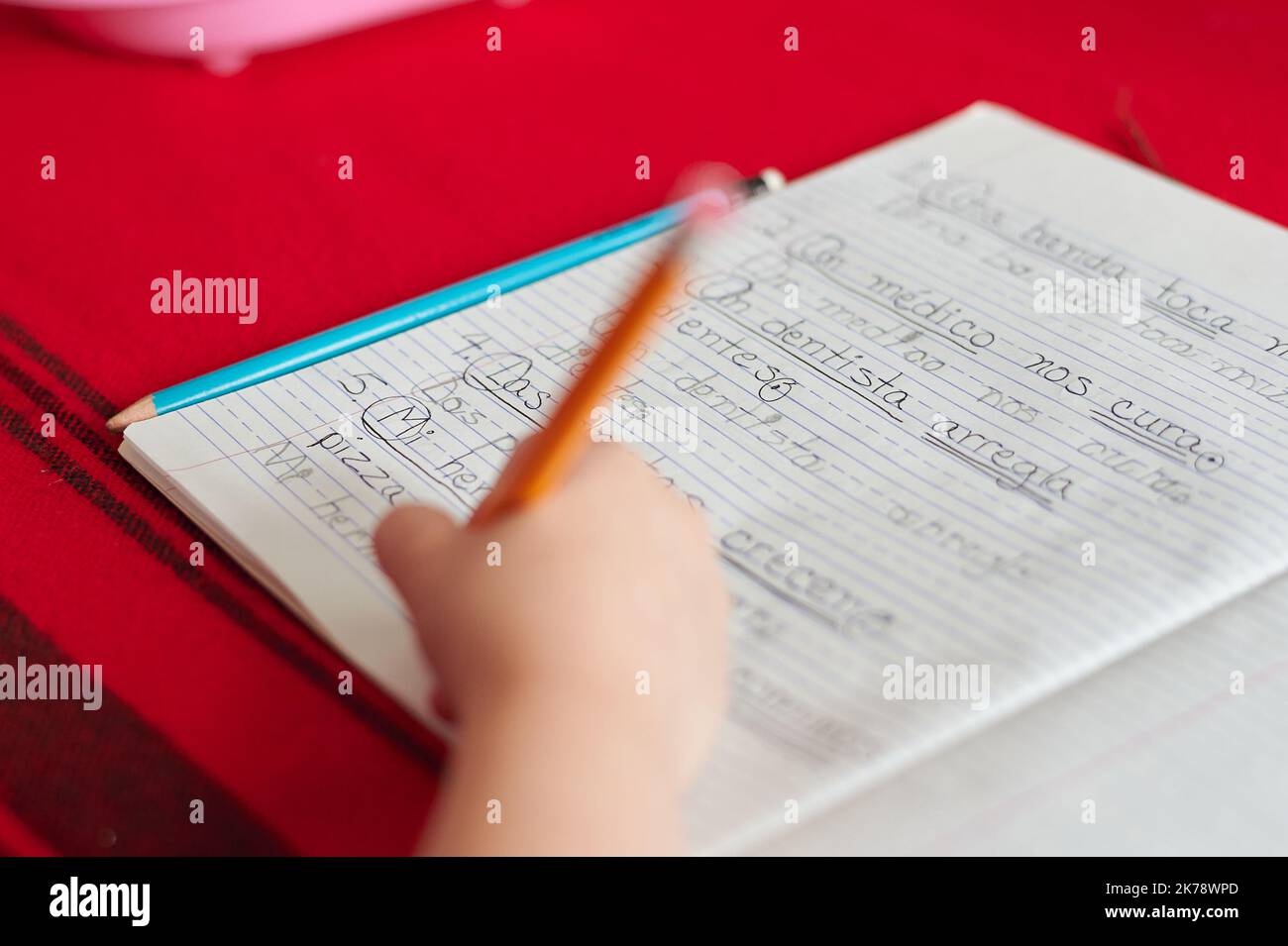 Young girl is doing her Spanish homework. Translation: The band plays ...