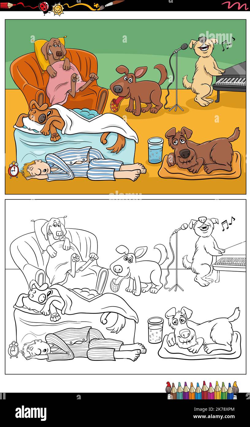Cartoon illustration of funny dogs comic characters group coloring page ...