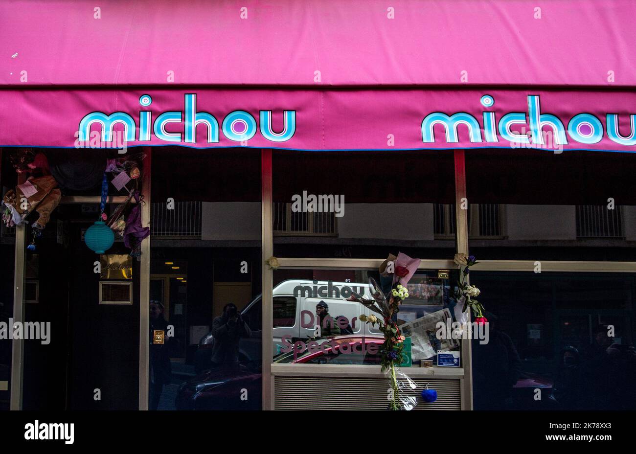 Michou's cabaret at 80 rue des Martyrs in the 18th arrondissement of Paris, The future of the cabaret is uncertain following the death of its founder. Michel Georges Alfred Catty alias Michou, figurehead of Parisian nights Stock Photo