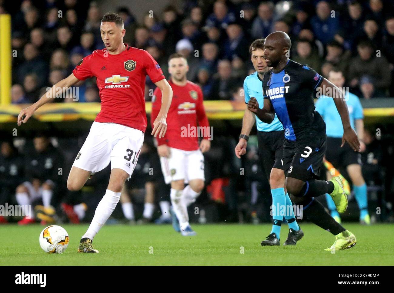 Nemanja Matic of Manchester United and Eder Balanta of FC Bruges during the UEFA Europa League, round of 32, 1st leg football match between Club Brugge and Manchester United on February 20, 2020 at Jan Breydelstadion in Bruges, Belgium Stock Photo