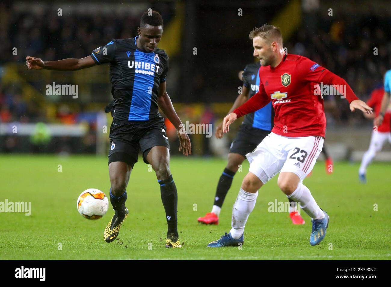 Eder Balanta of FC Bruges and Luke Shaw of Manchester United during the UEFA Europa League, round of 32, 1st leg football match between Club Brugge and Manchester United on February 20, 2020 at Jan Breydelstadion in Bruges, Belgium Stock Photo