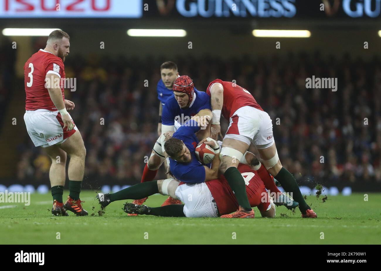 Paul Willemse  , Bernard Le roux of France Arthur Vincent , Gael Fickou of France and Dillon Lewis ,Jake Ball , Alun-Wyn Jones of Wales during the Guinness Six Nations 2020, rugby union match between Wales and France on February 22, 2020 at Principality Stadium in Cardiff, Wales - Photo Laurent Lairys / MAXPPP Stock Photo