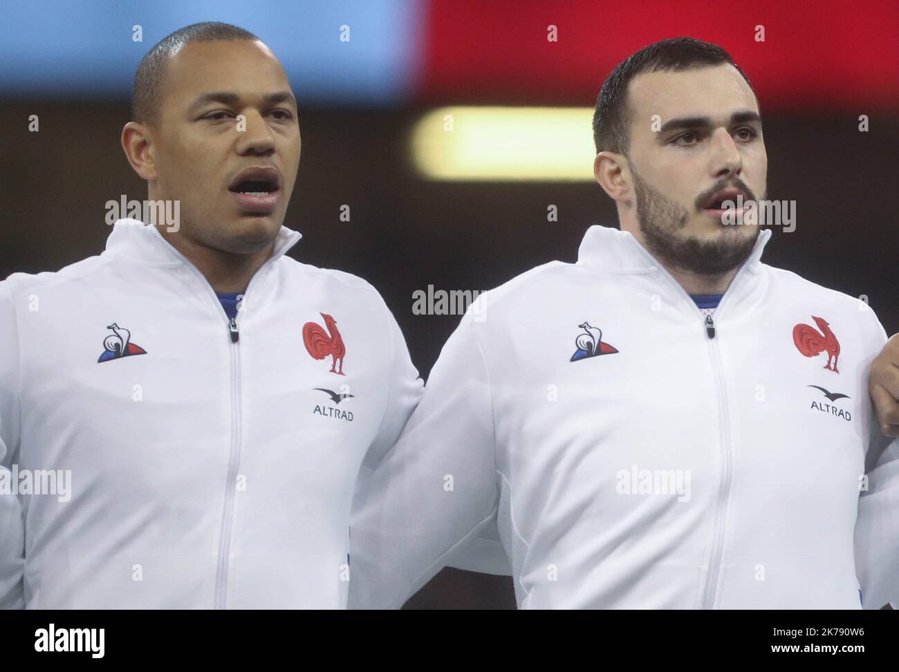 Gael Fickou and Jean Baptiste Gros of France during the Guinness Six Nations 2020, rugby union match between Wales and France on February 22, 2020 at Principality Stadium in Cardiff, Wales - Photo Laurent Lairys / MAXPPP Stock Photo