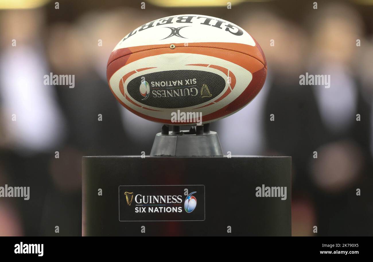 General view of the official match ball before the game during the Guinness Six Nations 2020, rugby union match between Wales and France on February 22, 2020 at Principality Stadium in Cardiff, Wales - Photo Laurent Lairys / MAXPPP Stock Photo