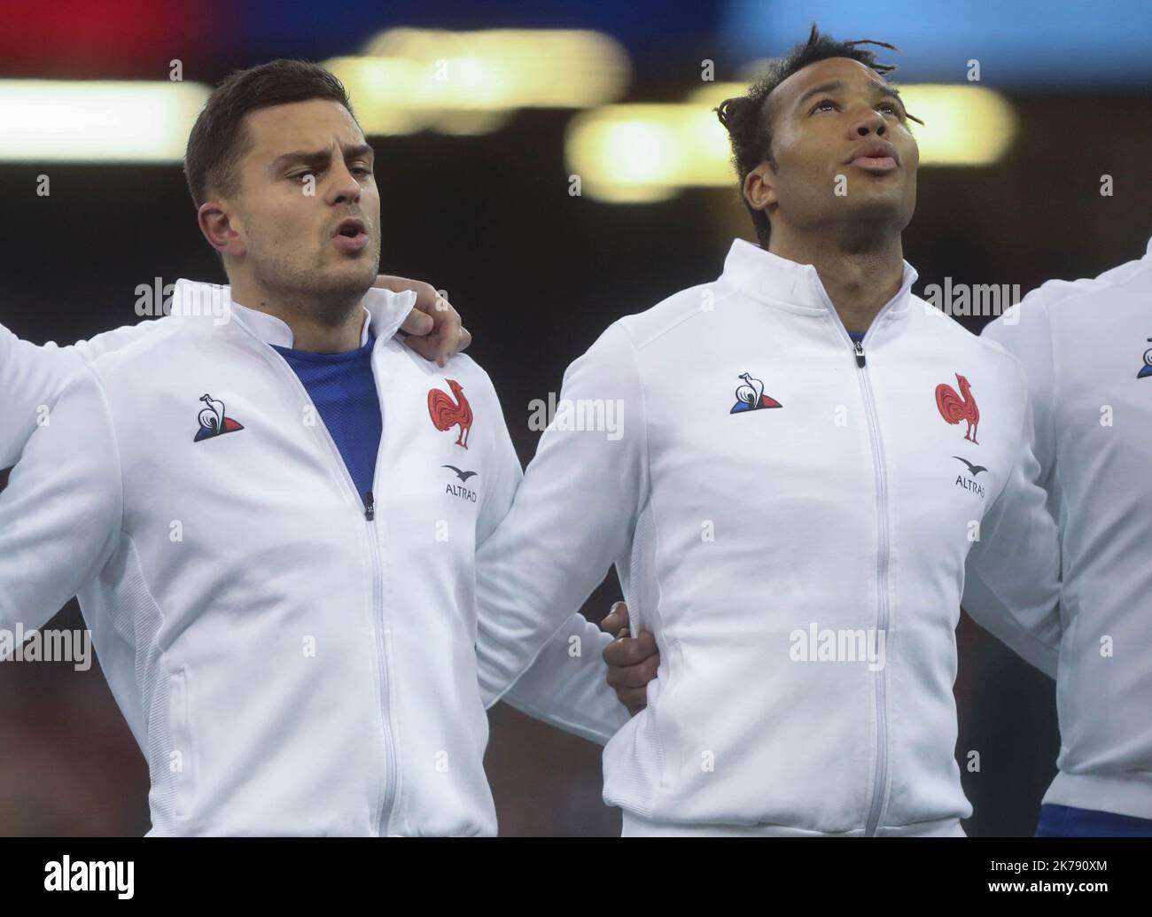 Arthur Vincent and Teddy Thomas of France during the Guinness Six Nations 2020, rugby union match between Wales and France on February 22, 2020 at Principality Stadium in Cardiff, Wales - Photo Laurent Lairys / MAXPPP Stock Photo