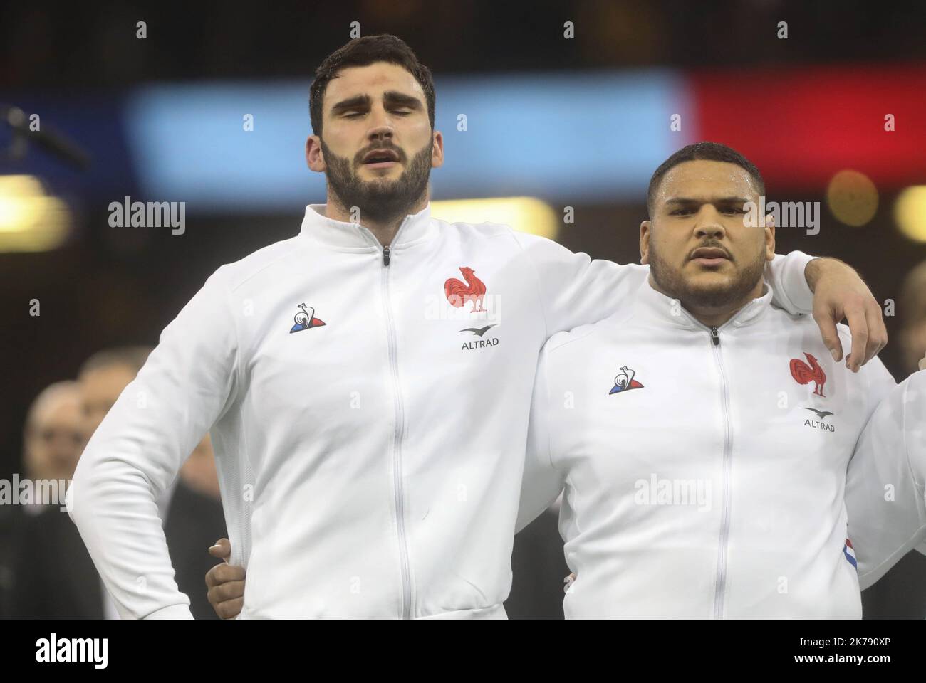 Charles Ollivon and Mohamed Haouas of France during the Guinness Six Nations 2020, rugby union match between Wales and France on February 22, 2020 at Principality Stadium in Cardiff, Wales - Photo Laurent Lairys / MAXPPP Stock Photo