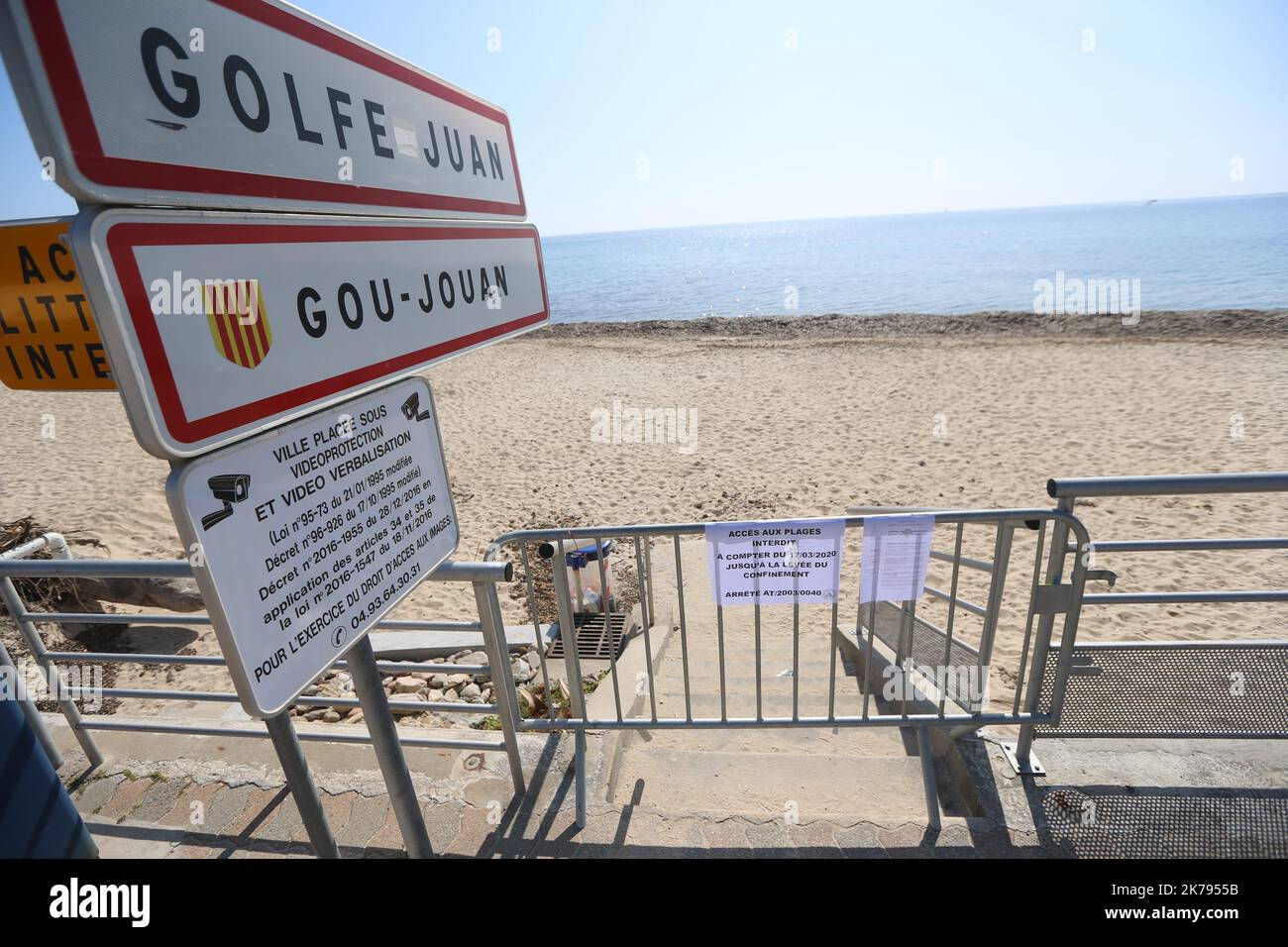 A general view of the French Riviera beach as a ban on access to the beaches of Golfe-Juan Vallauris is introduced due to the Coronavirus epidemic Stock Photo