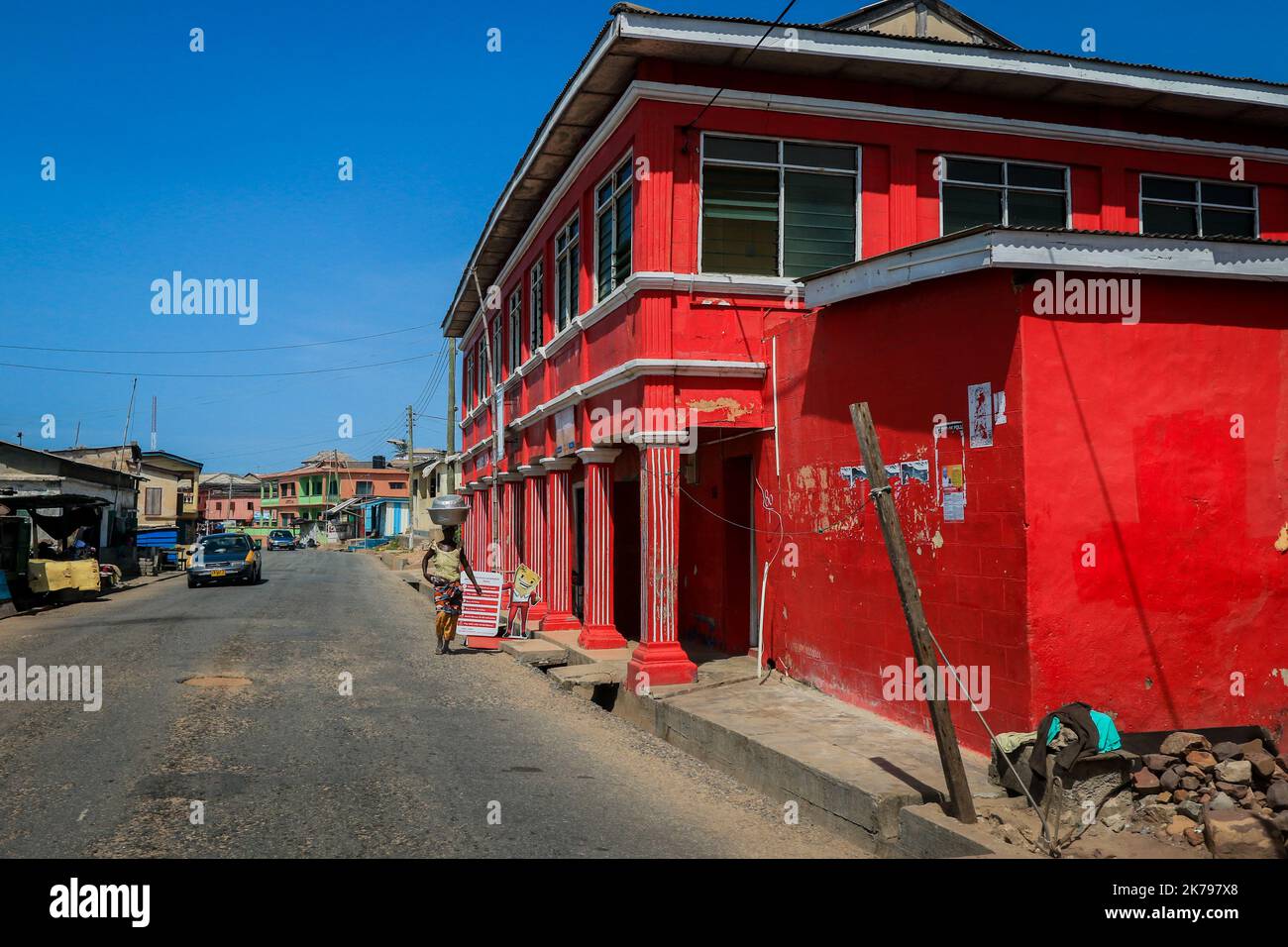 Cape Coast, Ghana April 14, 2022 Typical African Road with Colorful