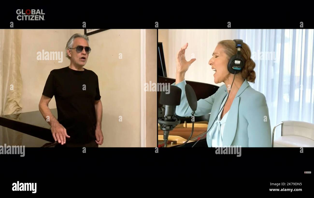 Andrea Bocelli and Celine Dion performs during the One World Together