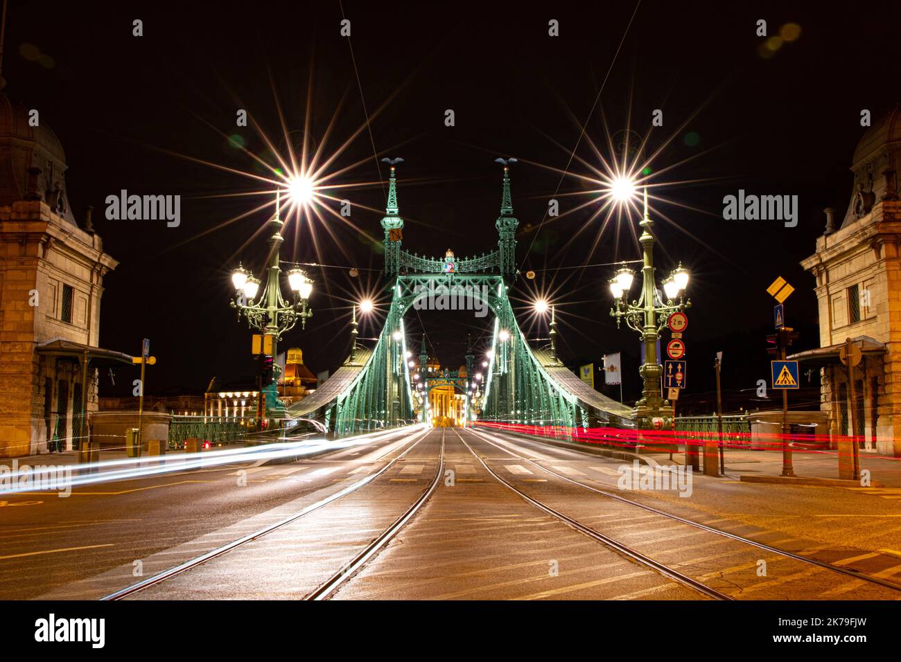 Liberty Bridge in Budapest, nigh time long exposure Stock Photo