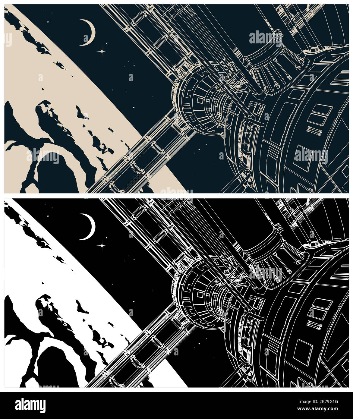 Stylized vector illustration of a spaceship orbiting the planet closeup ...