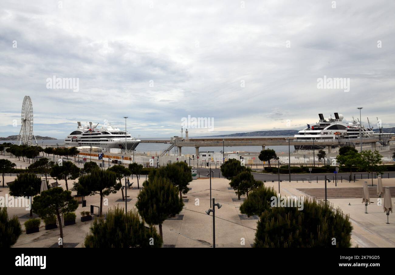 Le Lyrial and Le Boreal, two Ponant Company ships are docked in Marseille, France Stock Photo
