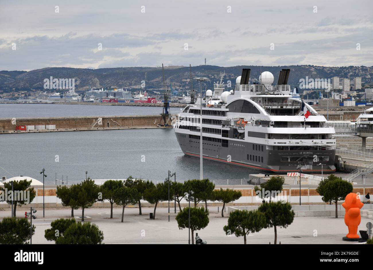 Le Lyrial and Le Boreal, two Ponant Company ships are docked in Marseille, France Stock Photo