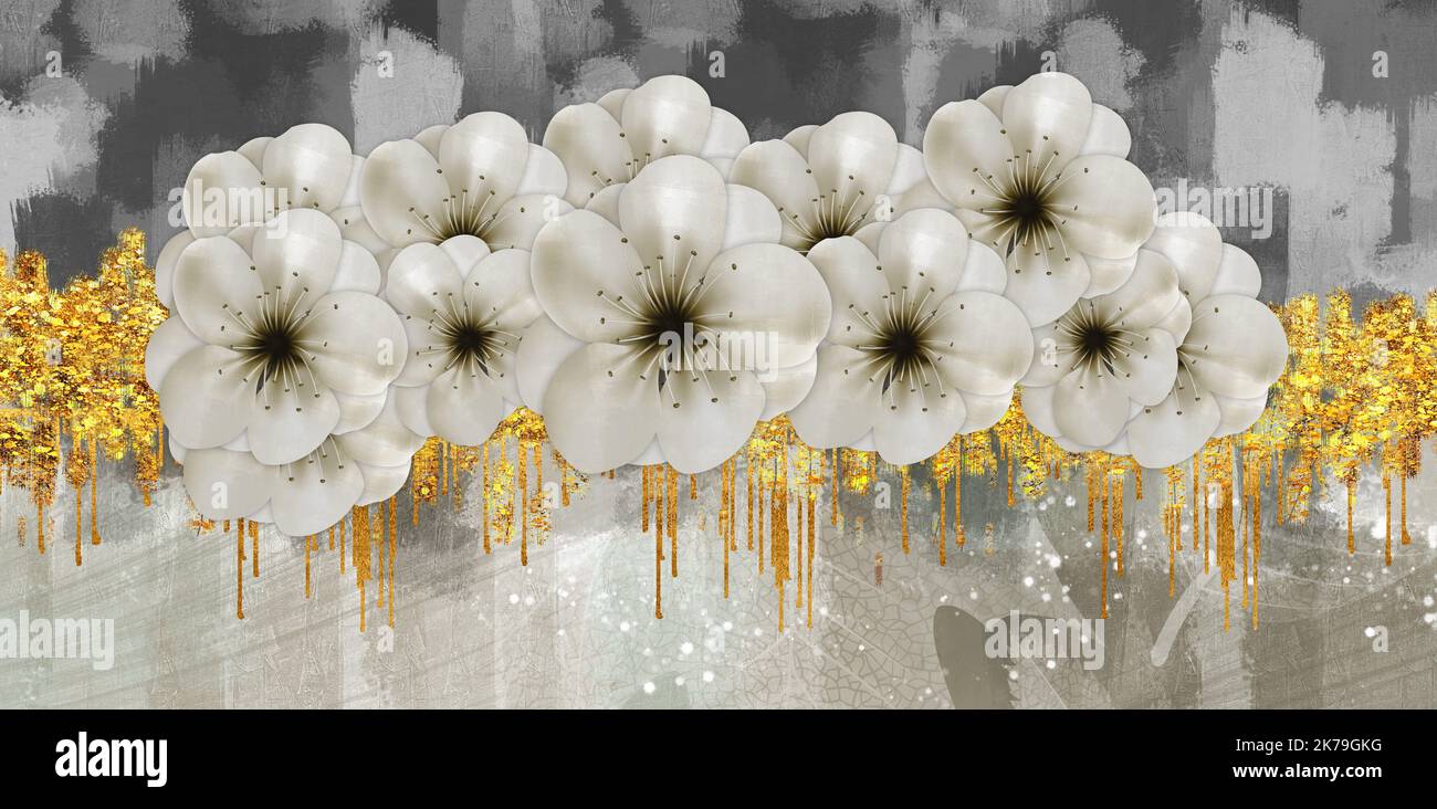 3d Drawing floral digital art wall decor. golden and gray shapes for wall canvas decor Stock