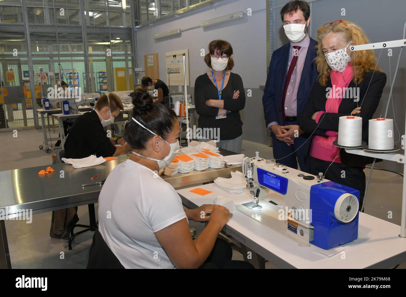 Marseille, France, may 15th 2020 - Justice minister Nicole Belloubet visits Baumettes jail. Some prisonners are sewings masks for covid-19 pandemic Stock Photo