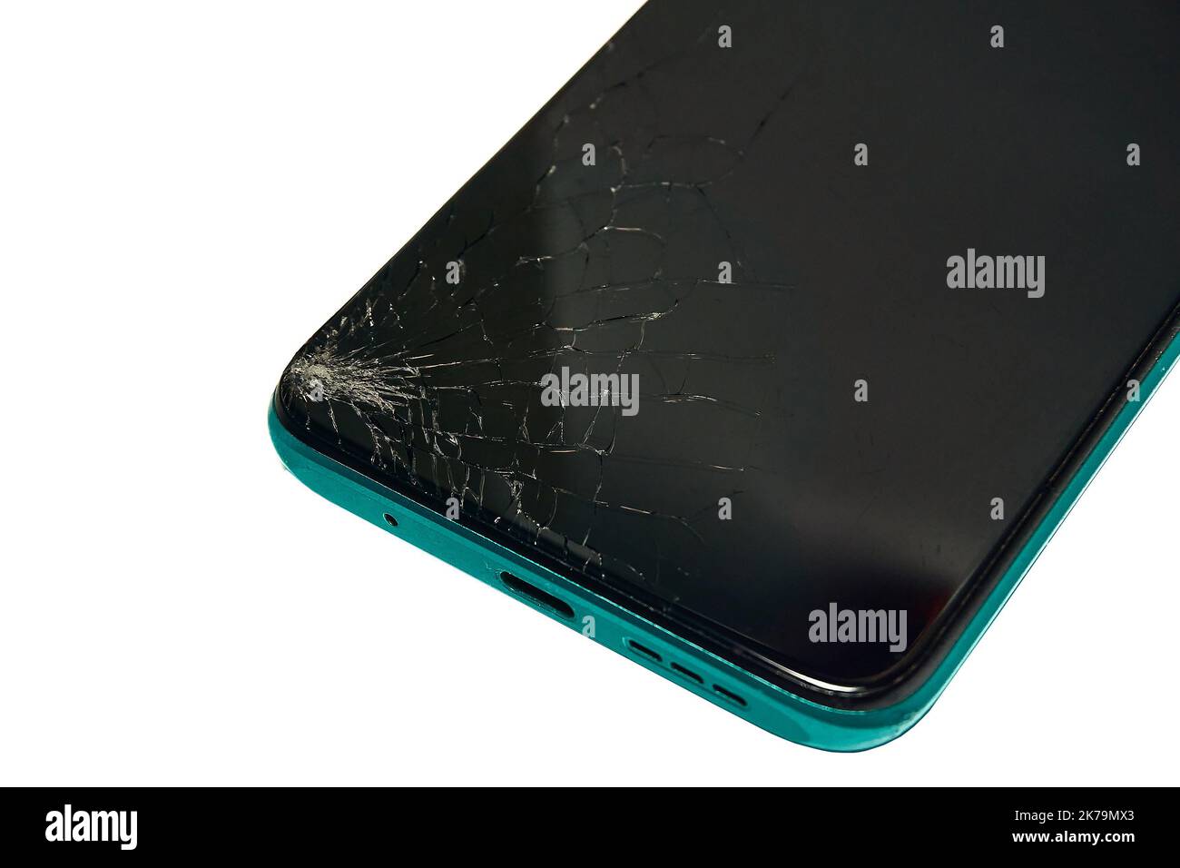 Damaged cell phone screen after a fall, cracked smartphone screen glass