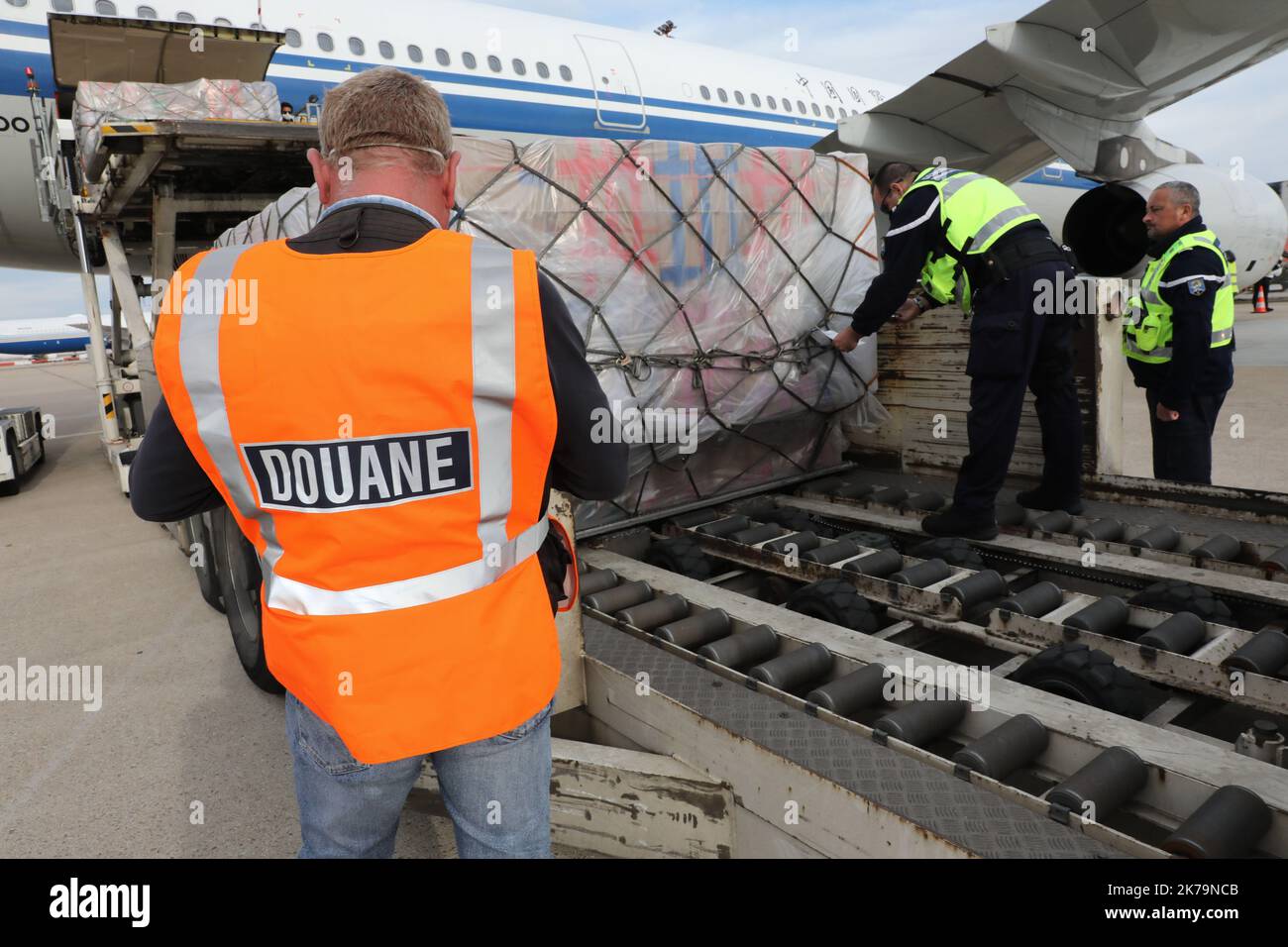 Roissy - Charles de Gaulle airport - The French Customs Office France May 12, 2020 Reception and controls of cargoes of masks from China by plane. Stock Photo