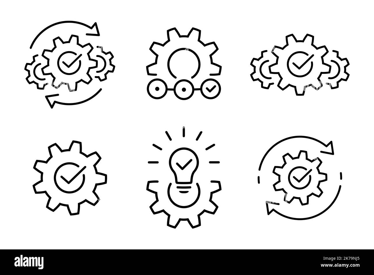 Effective solution icon set in flat. Successful idea symbols on white. Process or operations thin line icons in black. Cogs or gears with check. Vecto Stock Vector