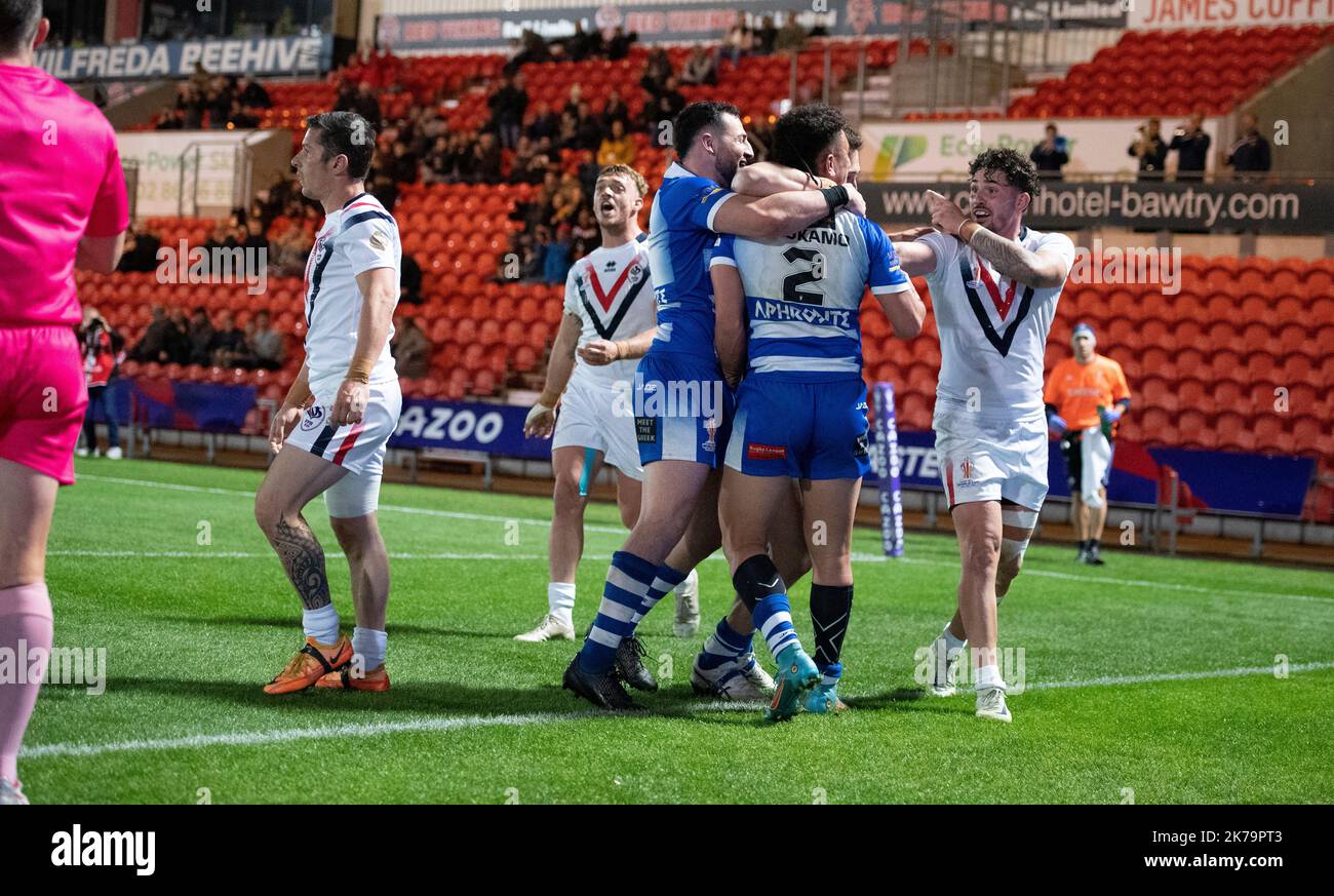 Doncaster, UK. 17th October, 2022. Greece Winger Siteni Taukamo scores