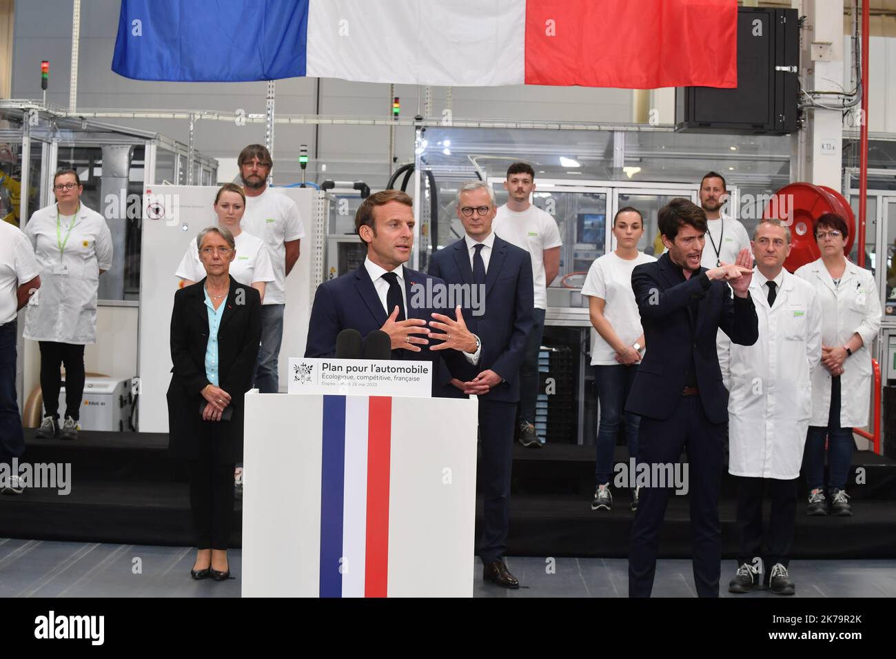 French President Emmanuel Macron   visits a factory of manufacturer Valeo in Etaples, near Le Touquet, northern France, on May 26, 2020 Stock Photo