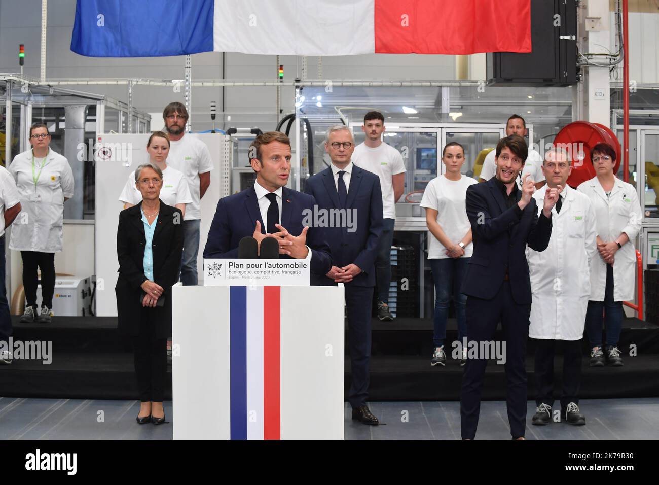 French President Emmanuel Macron   visits a factory of manufacturer Valeo in Etaples, near Le Touquet, northern France, on May 26, 2020 Stock Photo