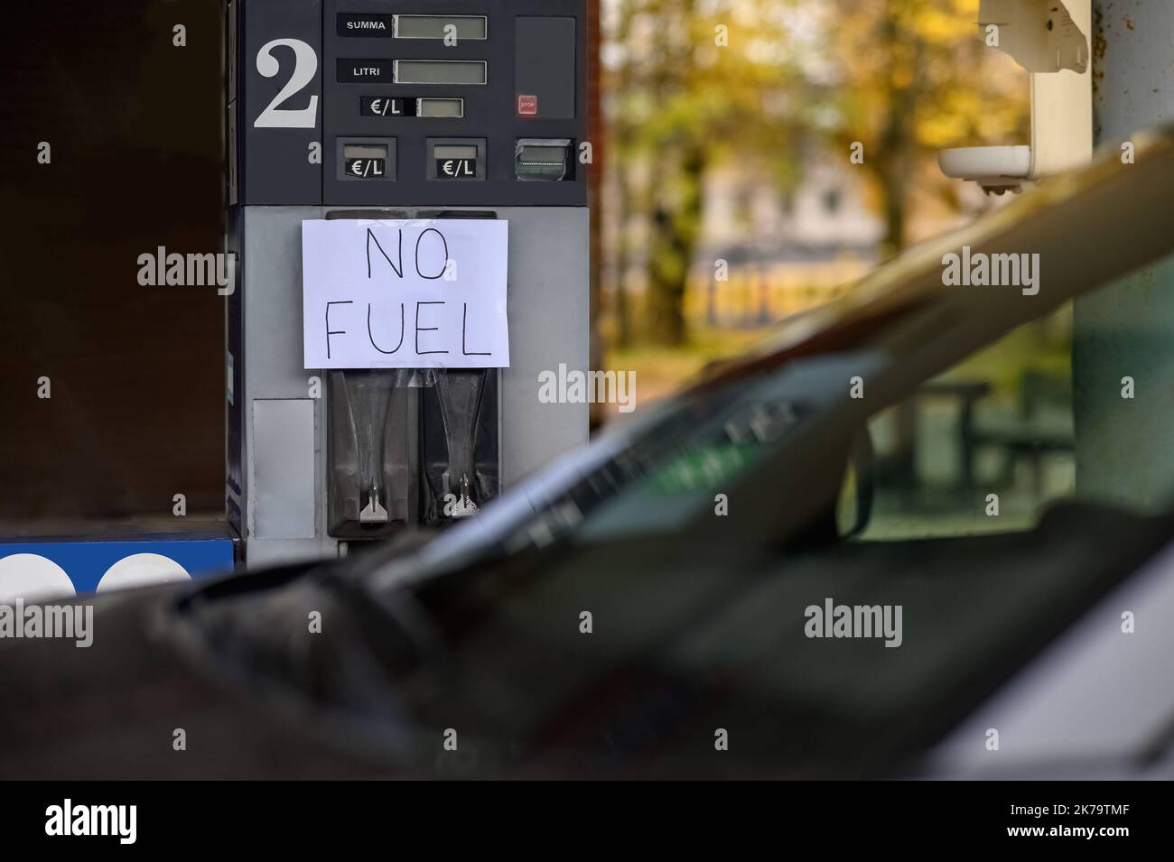 A sign at a gas station says No Fuel. No gasoline at the gas station due to the economic crisis. Stock Photo