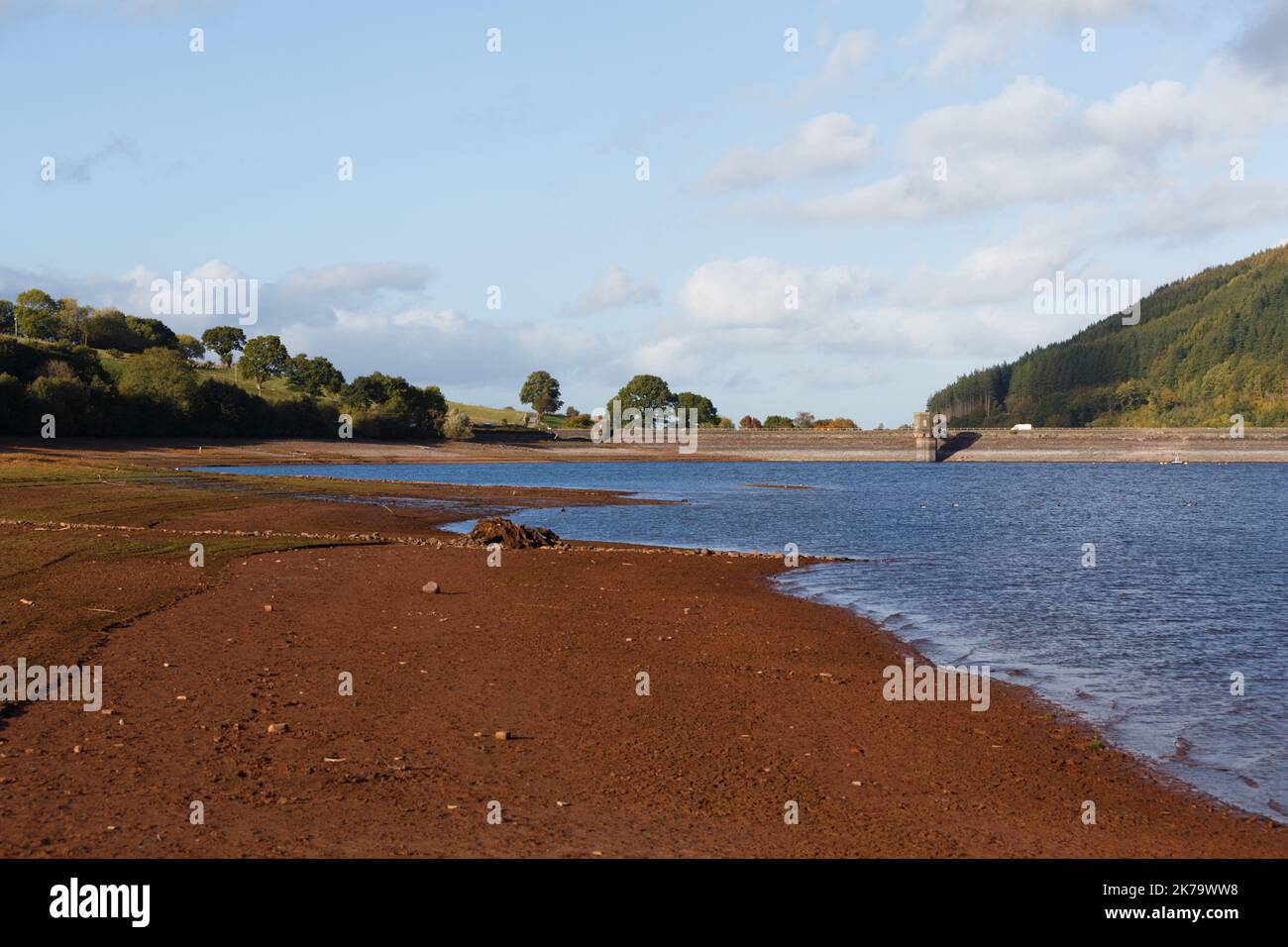 Talybont reservoir, South Wales, UK.  17 October '22.  UK weather: A sunny afternoon at the reservoir.  Water levels still low following the summer heatwave.  Credit: Andrew Bartlett/Alamy Live News. Stock Photo