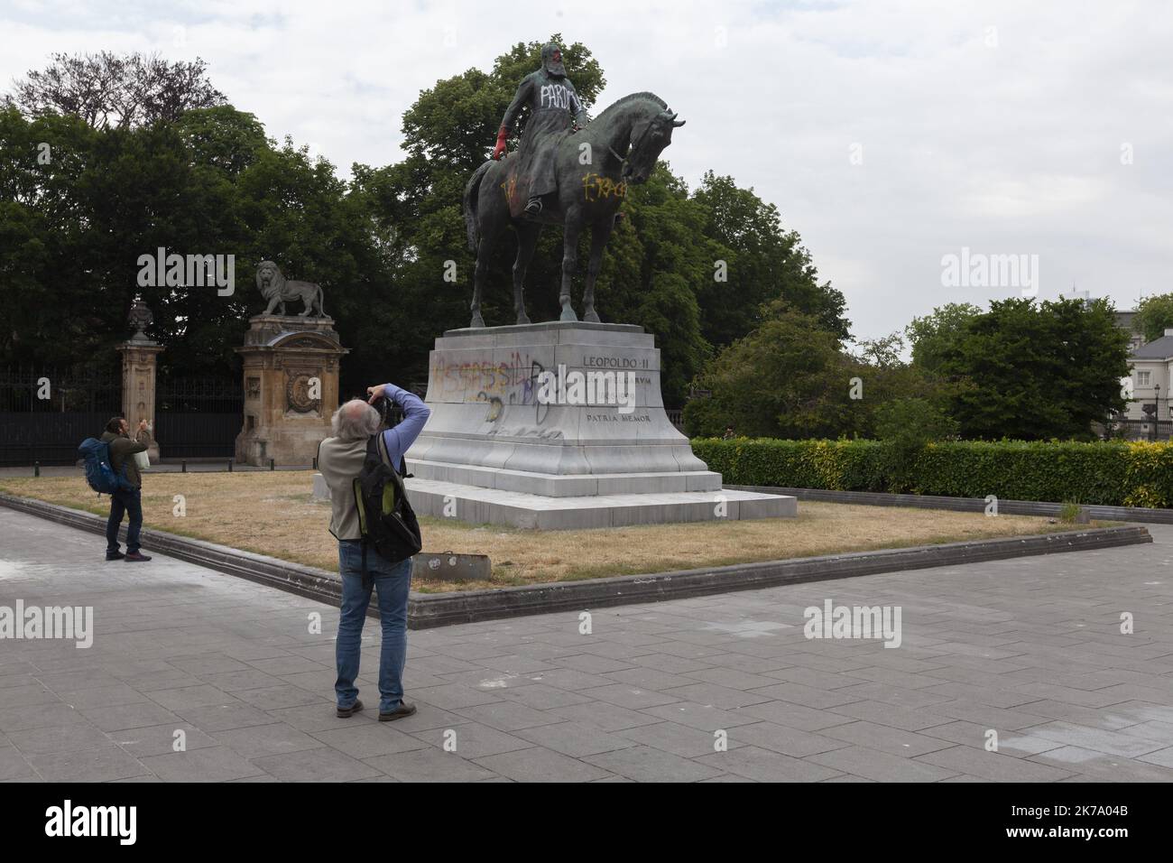 Belgium / Brussels / Brussels  -  A few days after the Black Lives Matter demonstration and against pooling violence in the capital, the statue of the Belgian king Leopold II was vandalized, relaunching the national debate on the colonial question. Stock Photo