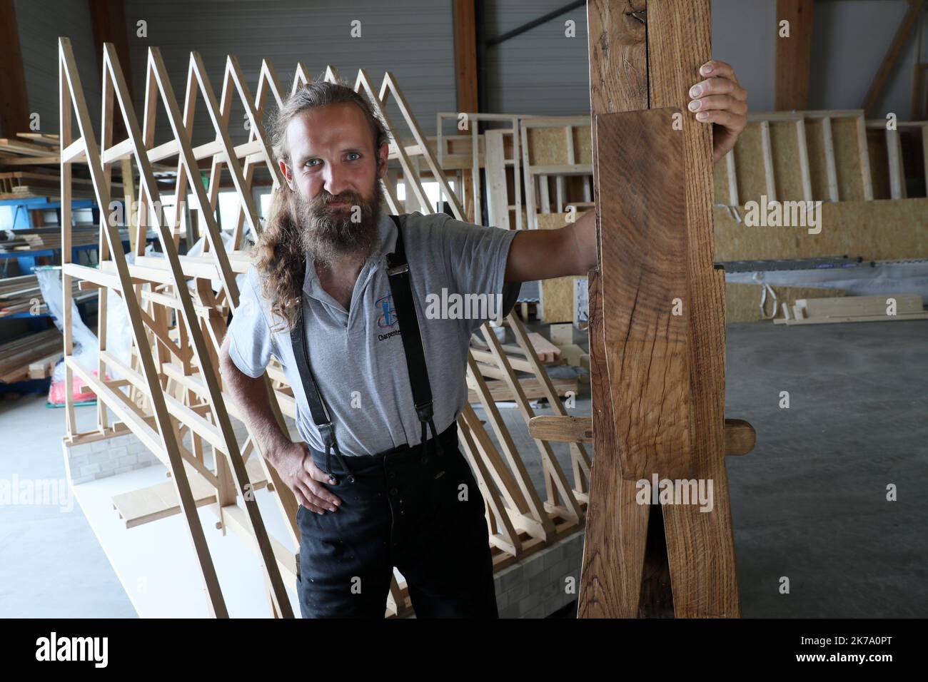 Colmar, France, june 13th 2020 TimothÃ©e Clerc, carpenter and Companion of duty with his structural pieces for the Notre-Dame de Paris exhibition. Stock Photo
