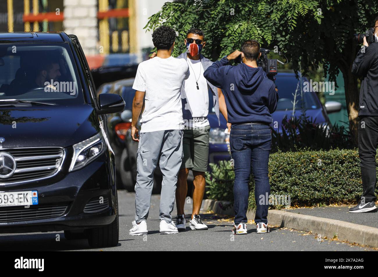 Sur la photo : Thiago Silva et Marquinhos -  2020/06/22. The players of Paris Saint-Germain soccer team are back at the Loges camp, their training center, after several weeks of interruption because of the Coronavirus pandemic or COVID-19.  Stock Photo