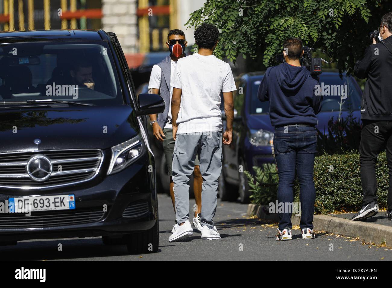 Sur la photo : Thiago Silva et Marquinhos -  2020/06/22. The players of Paris Saint-Germain soccer team are back at the Loges camp, their training center, after several weeks of interruption because of the Coronavirus pandemic or COVID-19.  Stock Photo